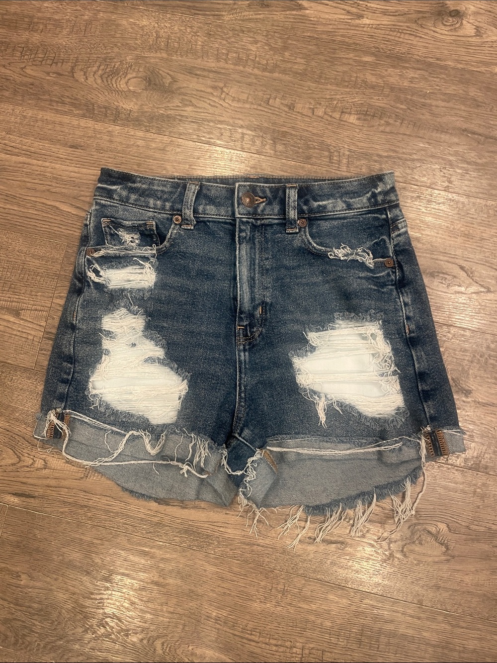 High-Rise Distressed Denim Mom Shorts - Medium Wash